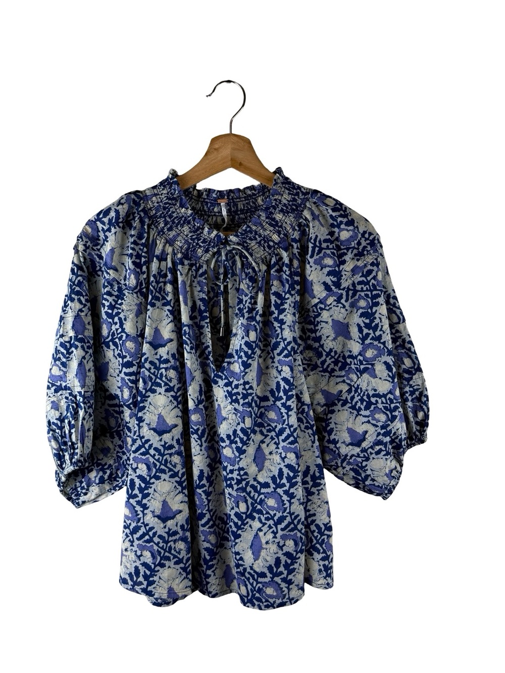 Free People Willow Printed Top Blue Size Medium Boho Peasant